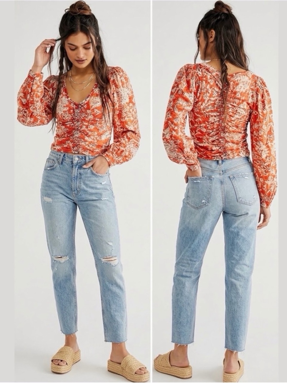 Free People Say The Word Ruched Red Floral Top Crop Boho Blouse Shirt NWT Small